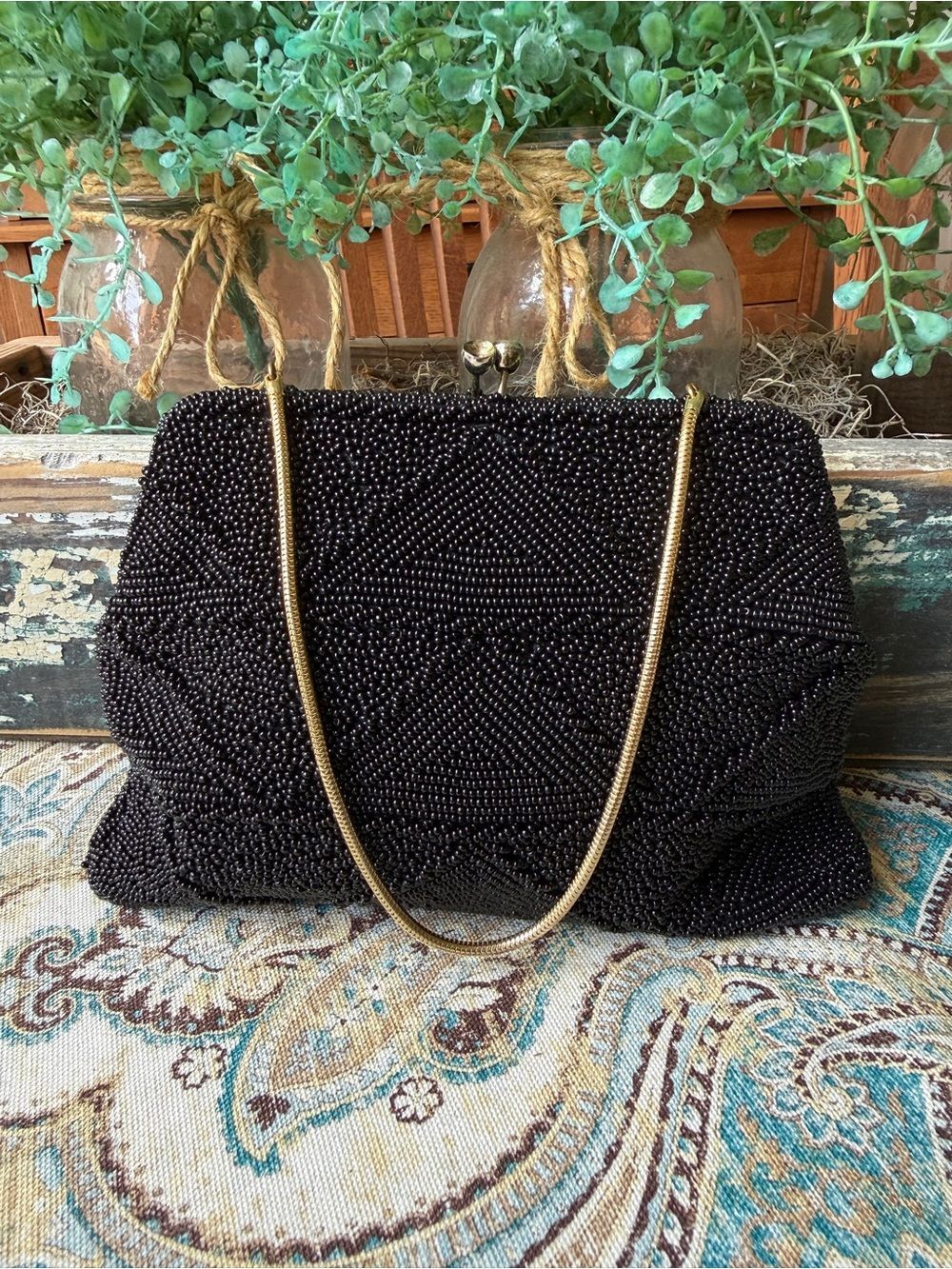 Evening Bag Black Beaded Vintage Japan Gold Chain Cup Ball Kiss Lock 1950s